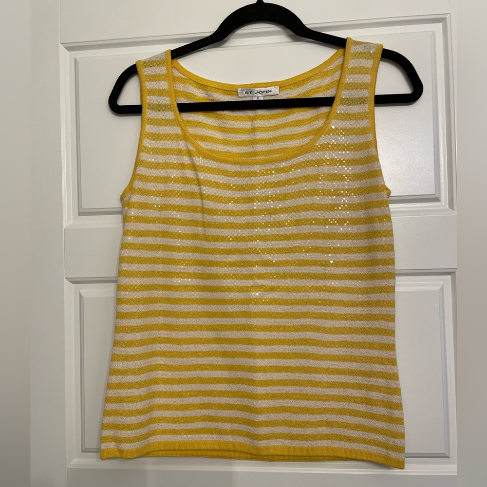 St John Knit Womens Blouse P Size 2 Yellow White Striped Sequin Tank Wool Rayon